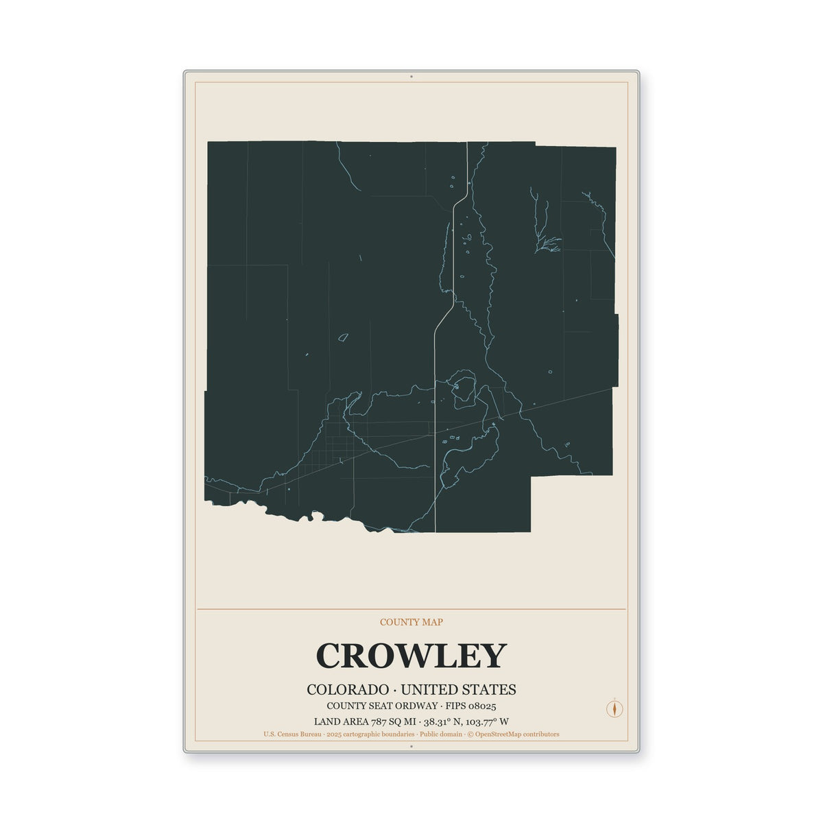 Crowley County, Colorado Map Aluminum Sign in Headline Atlas style