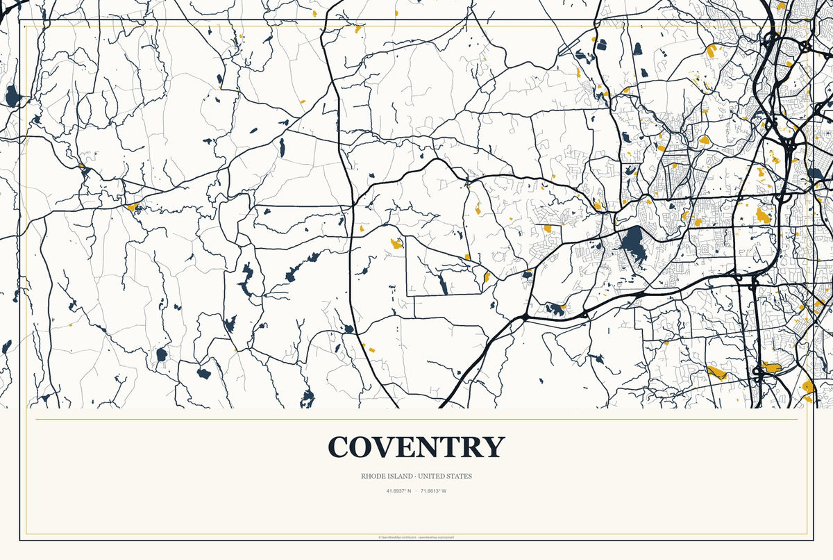 Coventry, Rhode Island City Map Aluminum Sign in Citrine Modern style
