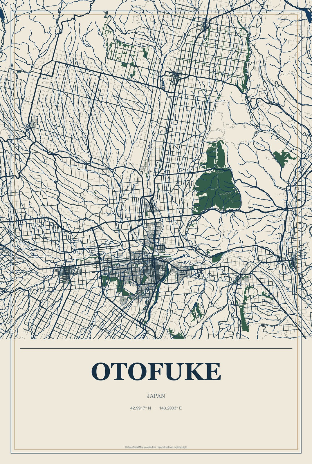Otofuke, Japan City Map Aluminum Sign in Coastal Cutout style