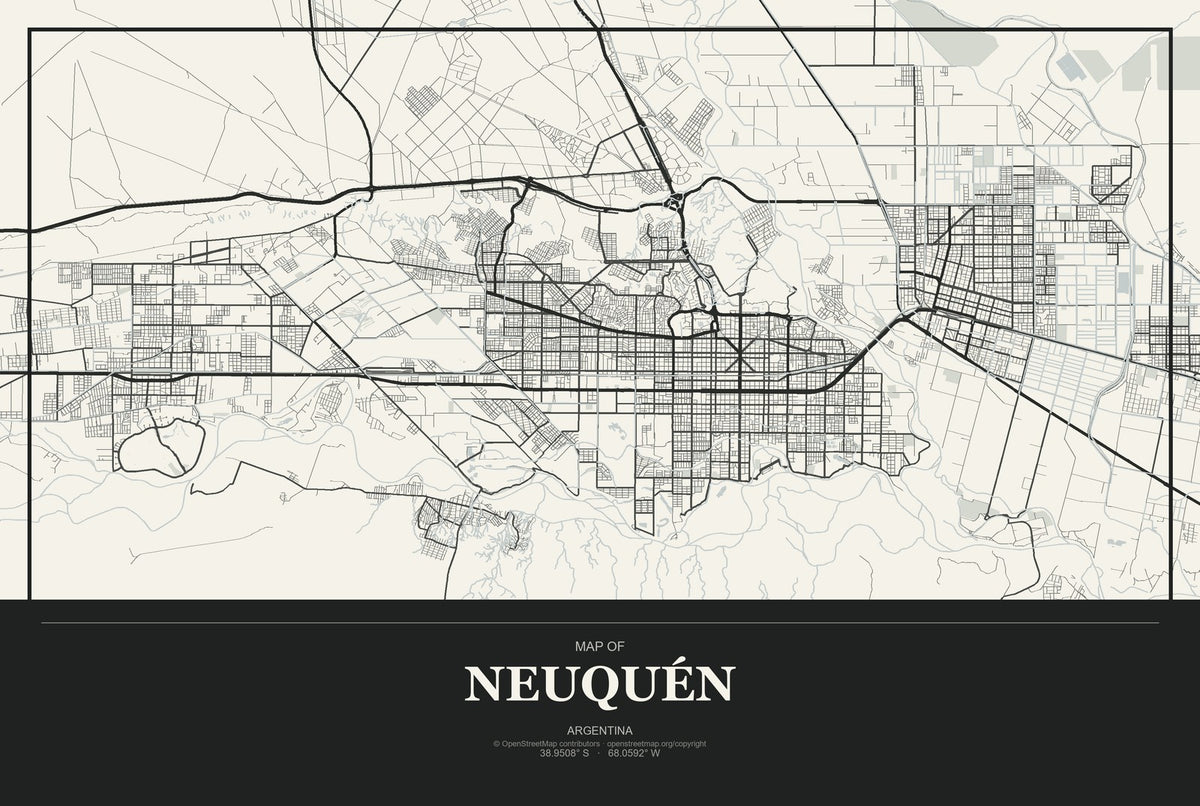 Neuquén, Argentina City Map Aluminum Sign in Museum Plaque style
