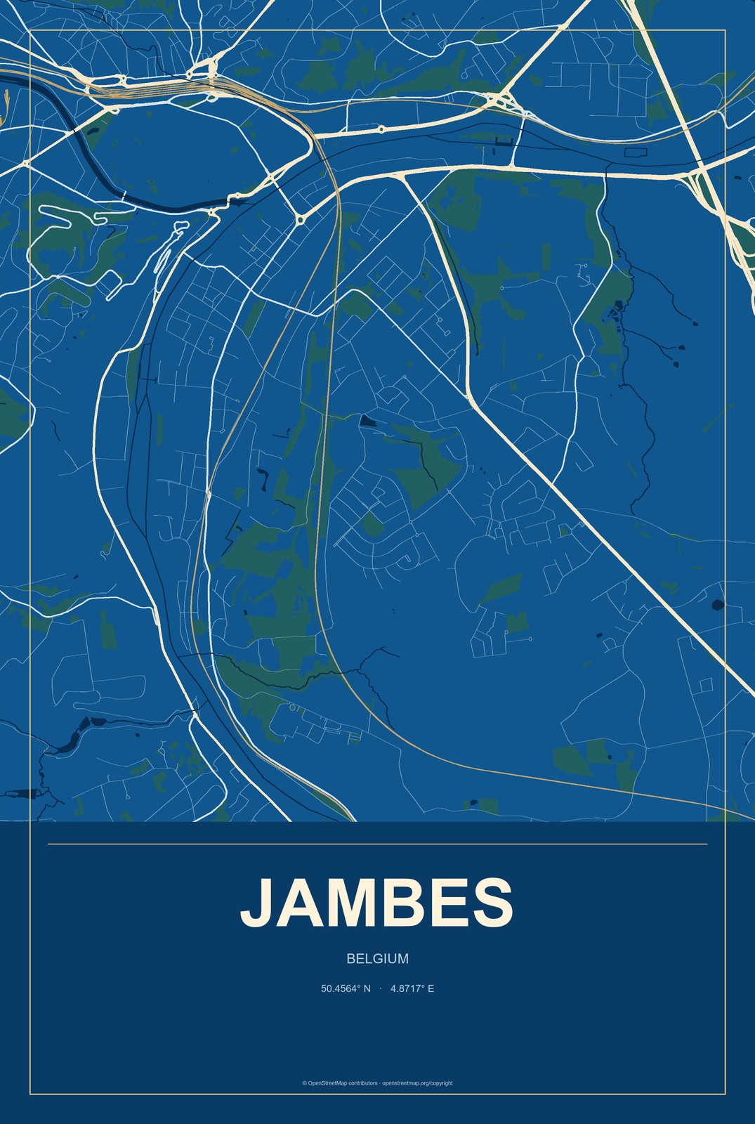 Jambes, Belgium City Map Aluminum Sign in Harbor Cobalt style