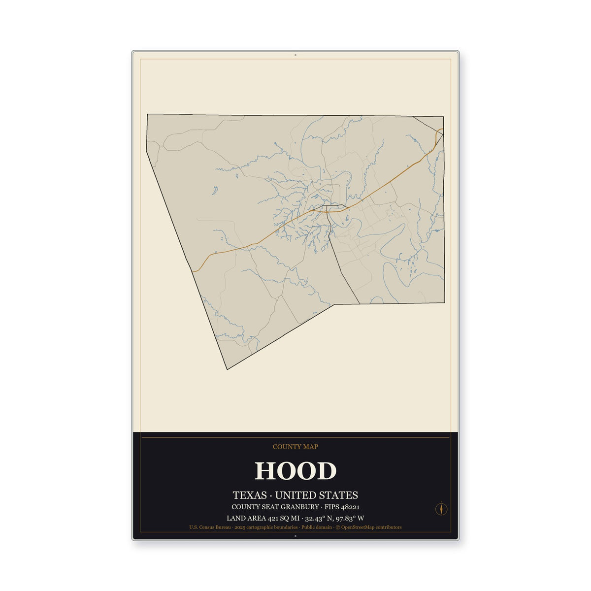 Hood County, Texas Map Aluminum Sign in Museum Plaque style