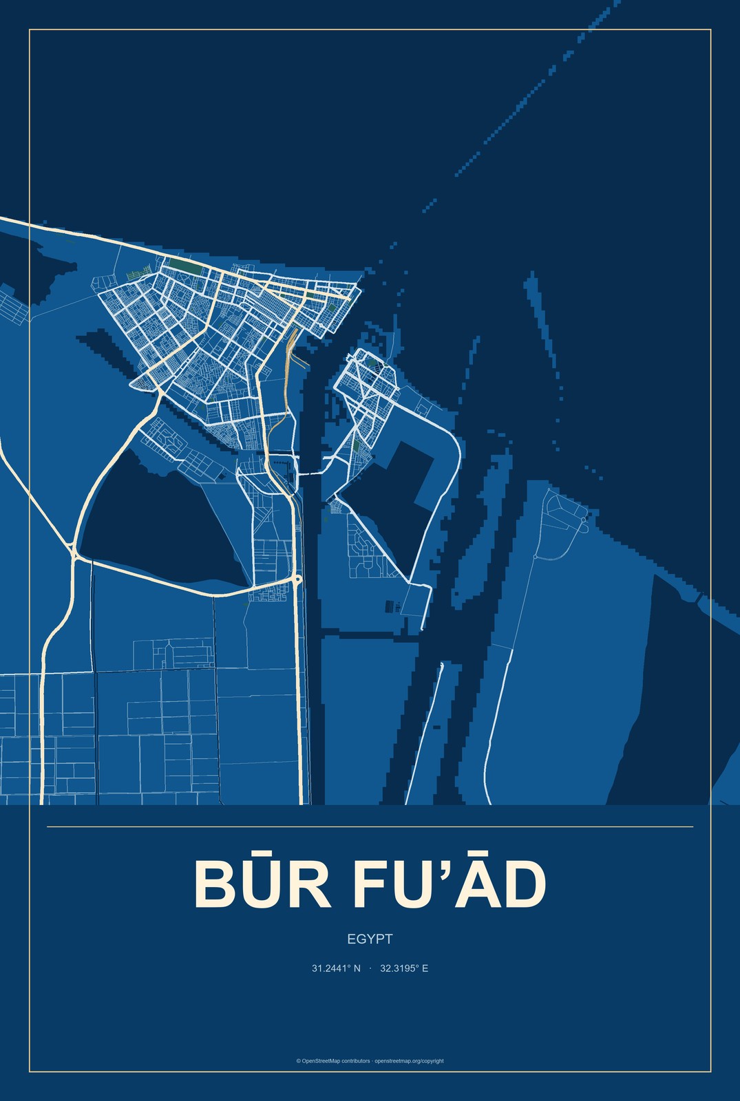 Būr Fu’ād, Egypt City Map Aluminum Sign in Harbor Cobalt style