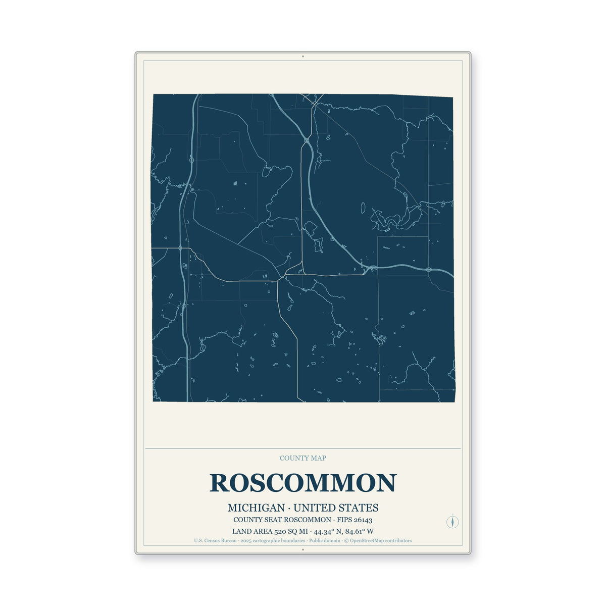 Roscommon County, Michigan Map Aluminum Sign in Coastal Cutout style