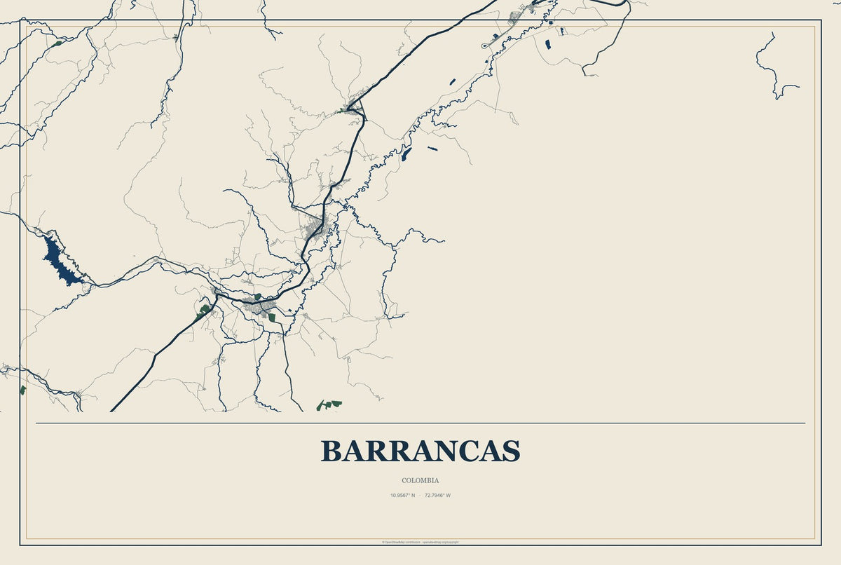 Barrancas, Colombia City Map Aluminum Sign in Coastal Cutout style
