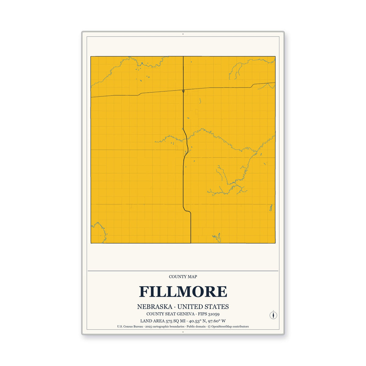Fillmore County, Nebraska Map Aluminum Sign in Citrine Modern style