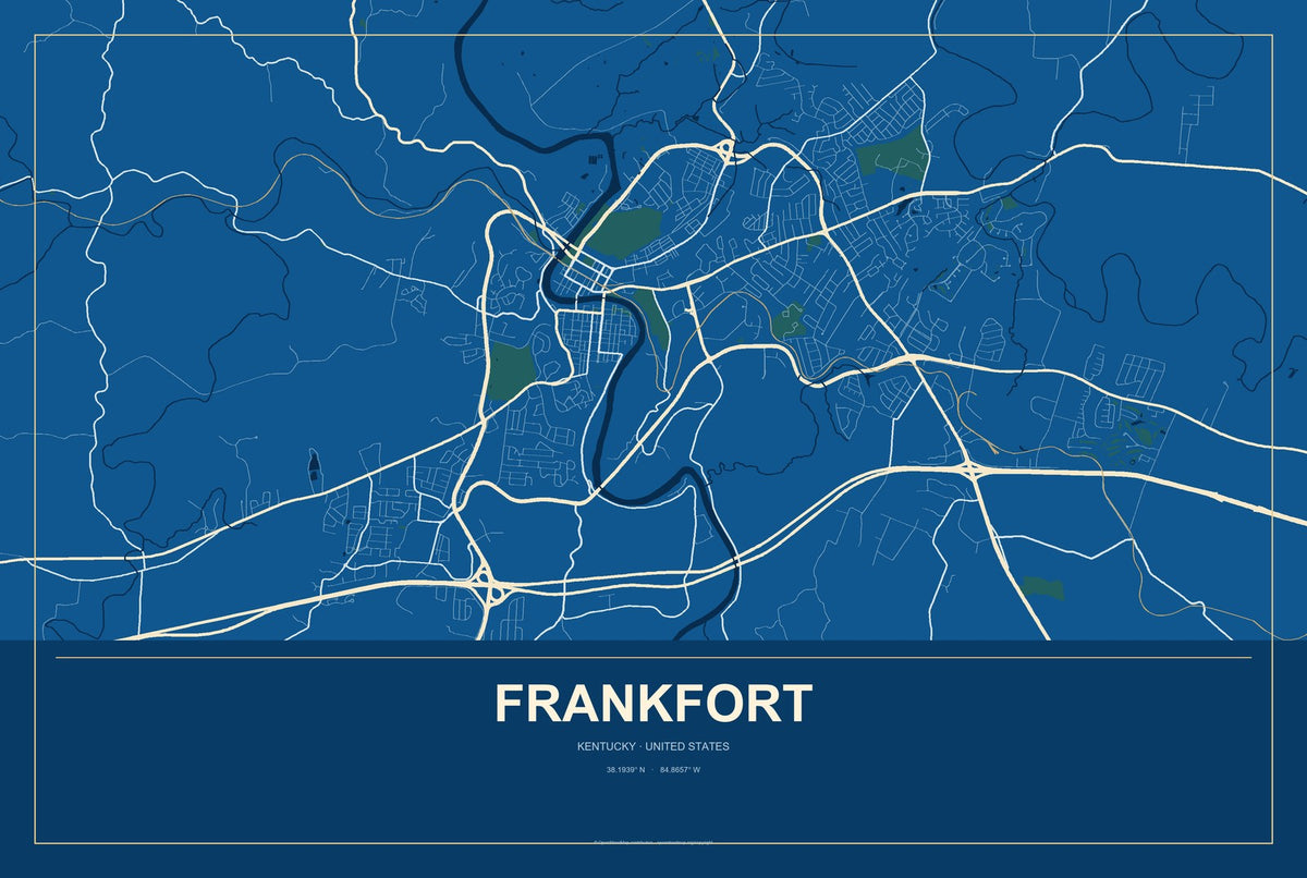 Frankfort, Kentucky City Map Aluminum Sign in Harbor Cobalt style