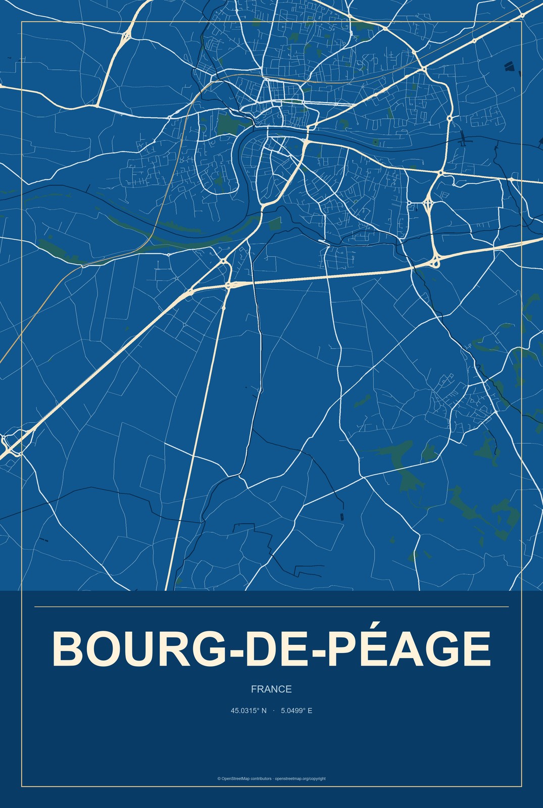 Bourg-de-Péage, France City Map Aluminum Sign in Harbor Cobalt style