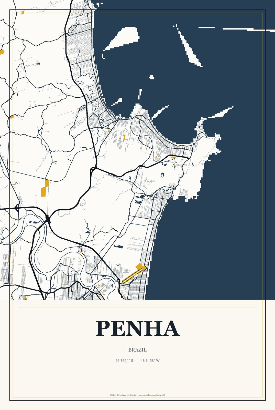 Penha, Brazil City Map Aluminum Sign in Citrine Modern style