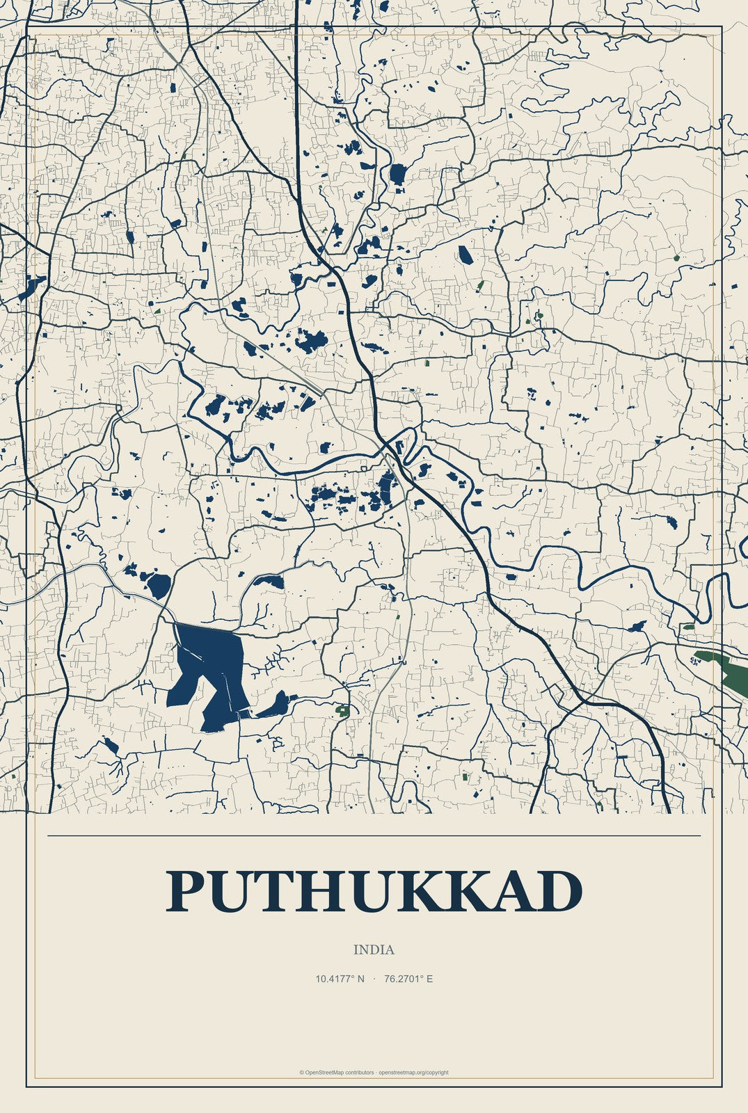 Puthukkad, India City Map Aluminum Sign in Coastal Cutout style