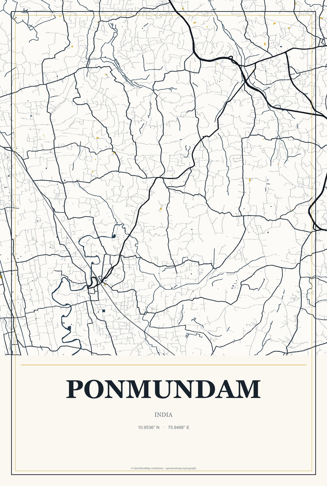Ponmundam, India City Map Aluminum Sign in Citrine Modern style