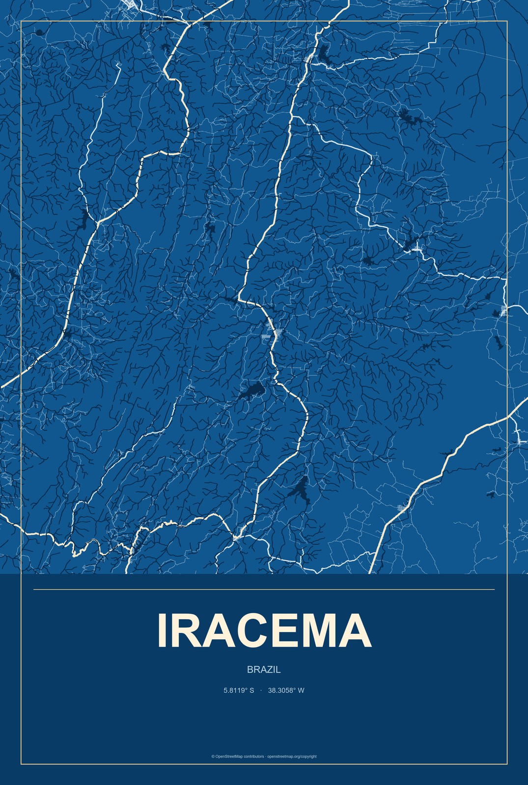 Iracema, Roraima, Brazil City Map Aluminum Sign in Harbor Cobalt style