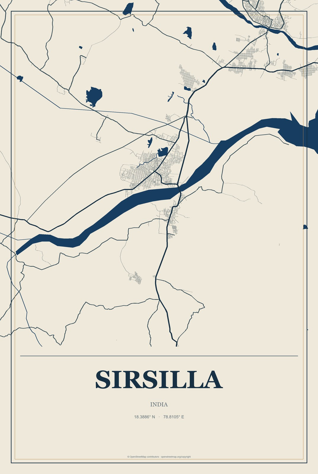 Sirsilla, India City Map Aluminum Sign in Coastal Cutout style