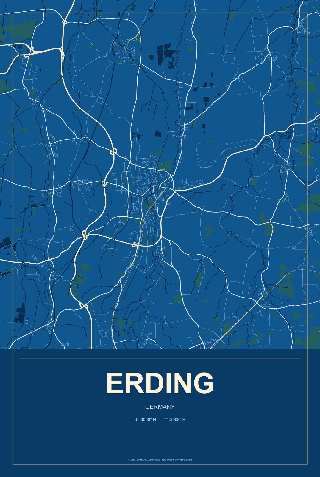 Erding, Germany City Map Aluminum Sign in Harbor Cobalt style