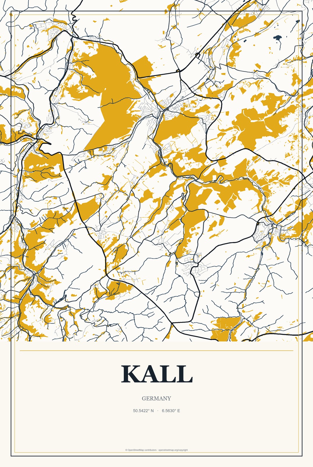 Kall, Germany City Map Aluminum Sign in Citrine Modern style