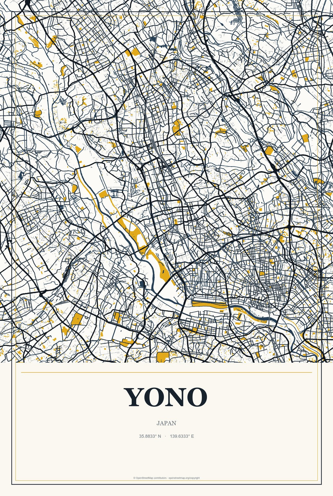 Yono, Saitama, Japan City Map Aluminum Sign in Citrine Modern style