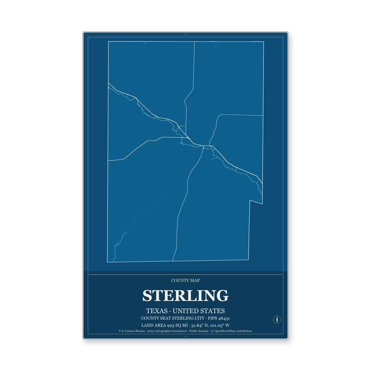 Sterling County, Texas Map Aluminum Sign in Harbor Cobalt style