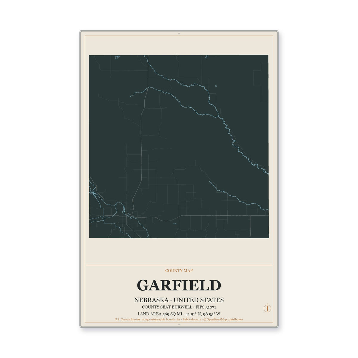 Garfield County, Nebraska Map Aluminum Sign in Headline Atlas style