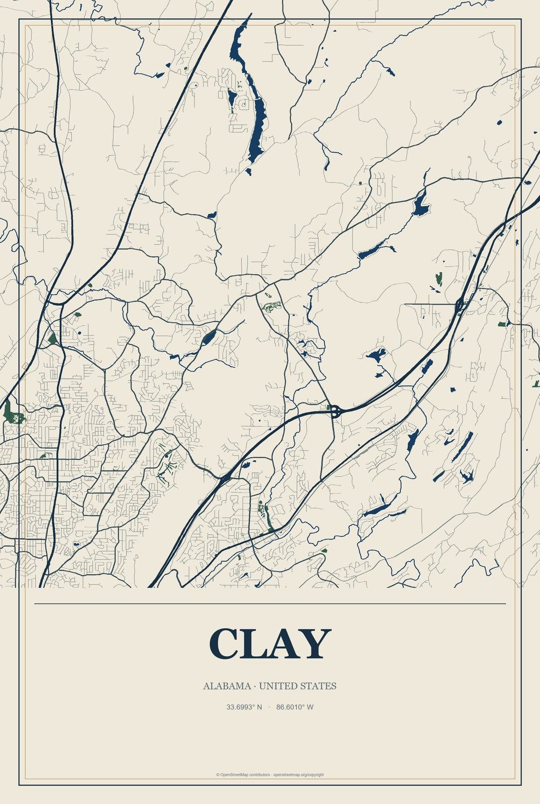 Clay, Alabama City Map Aluminum Sign in Coastal Cutout style