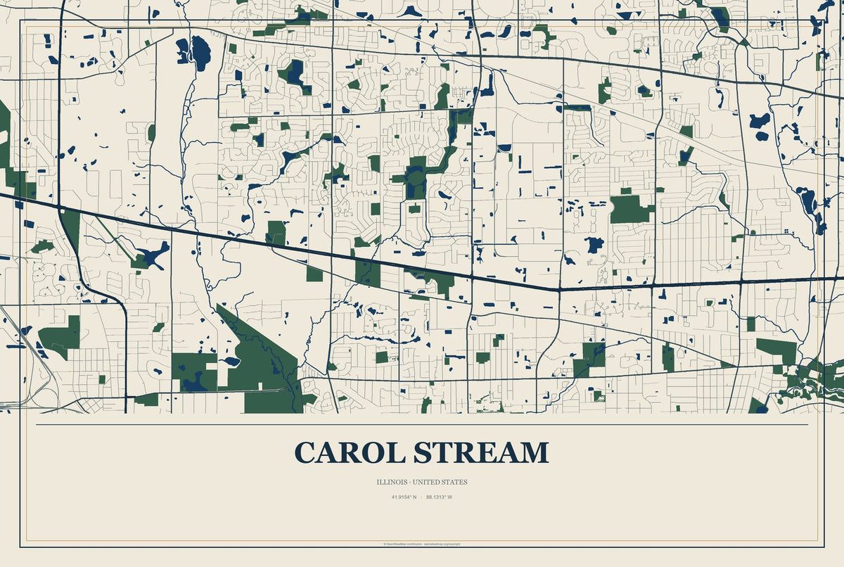 Carol Stream, Illinois City Map Aluminum Sign in Coastal Cutout style