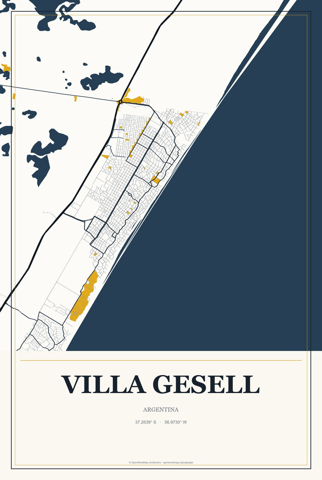 Villa Gesell, Argentina City Map Aluminum Sign in Citrine Modern style