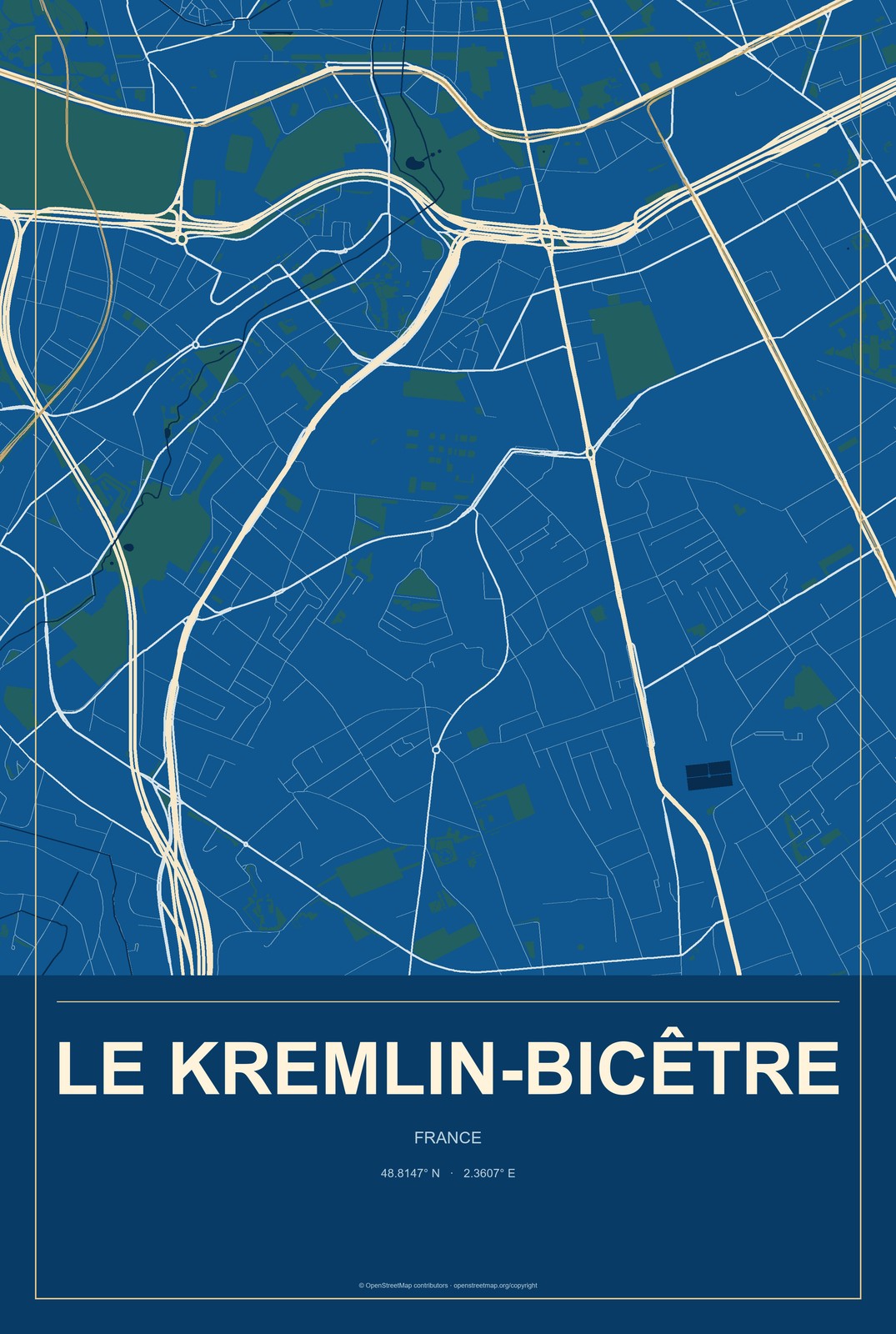 Le Kremlin-Bicêtre, France City Map Aluminum Sign in Harbor Cobalt style