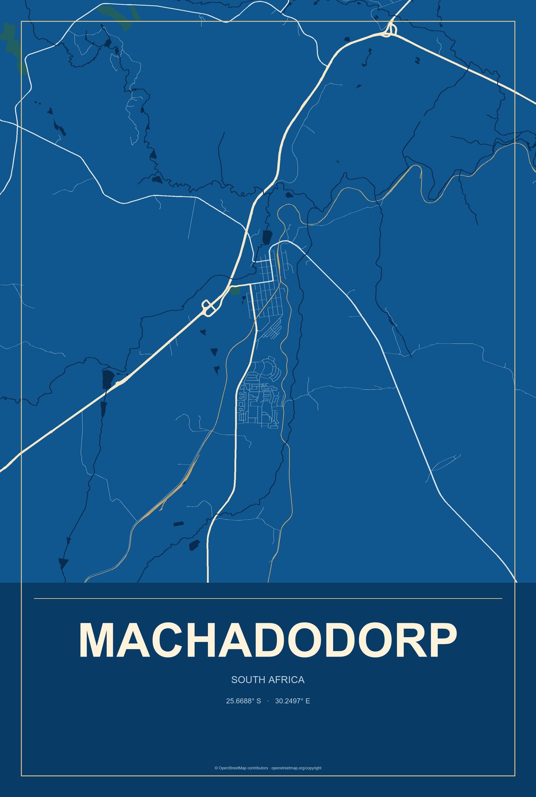 Machadodorp, South Africa City Map Aluminum Sign in Harbor Cobalt style