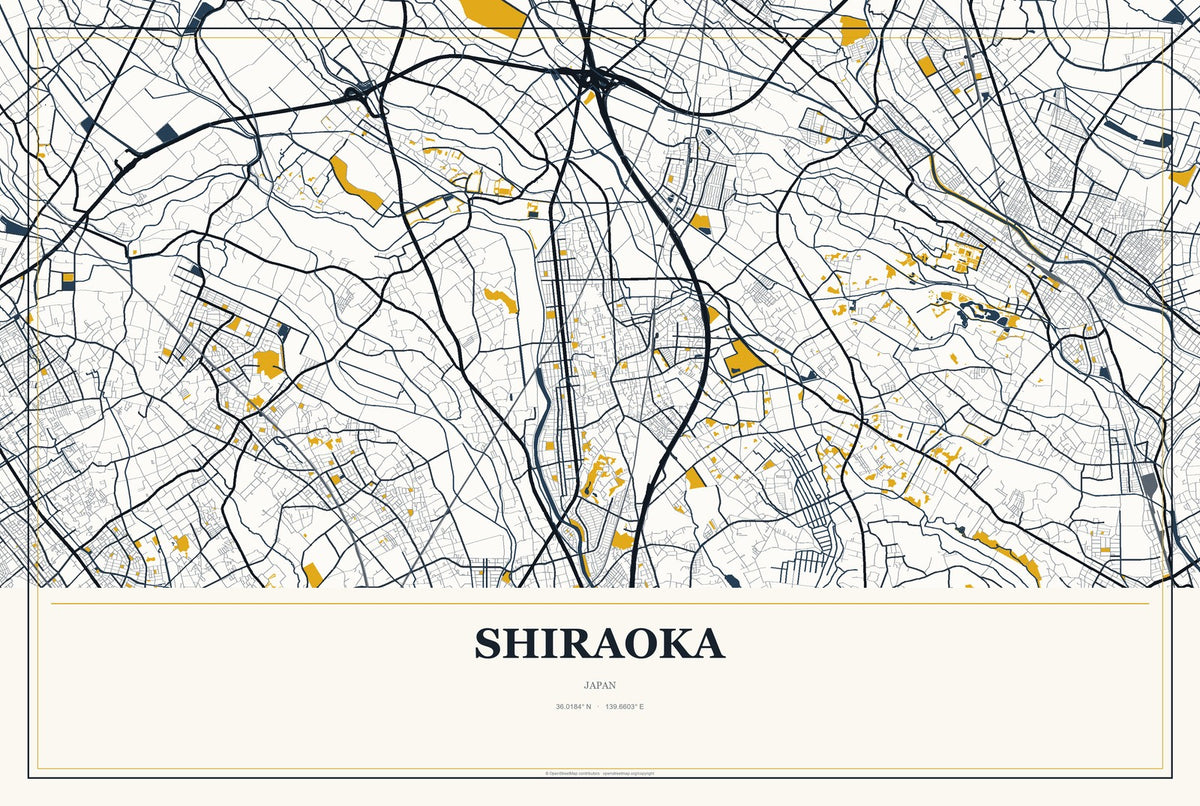 Shiraoka, Japan City Map Aluminum Sign in Citrine Modern style