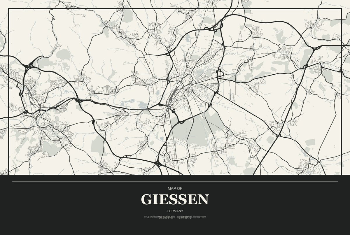 Gießen, Germany City Map Aluminum Sign in Museum Plaque style