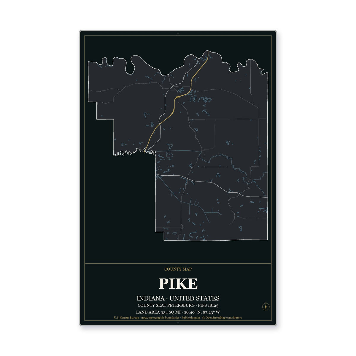 Pike County, Indiana Map Aluminum Sign in Metropolitan Noir style