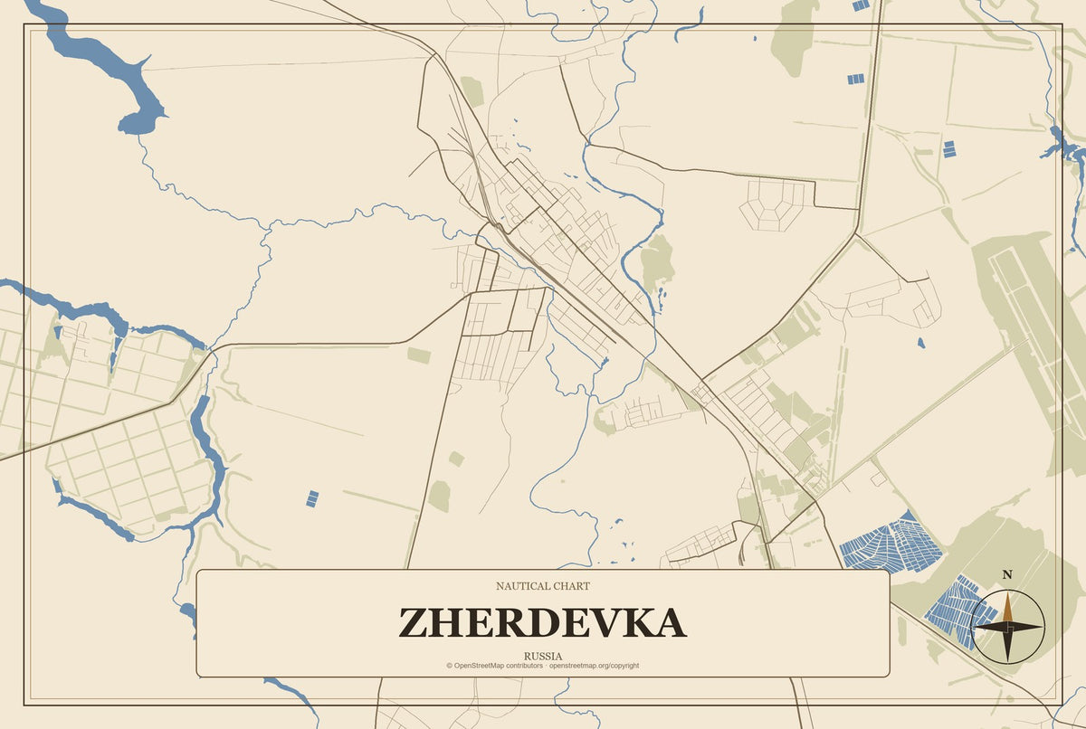 Zherdevka, Russia City Map Aluminum Sign in Heritage Nautical style