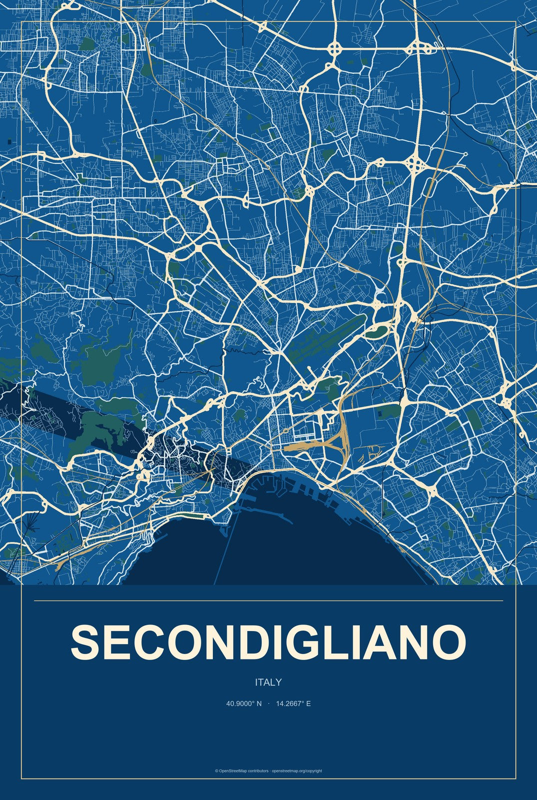 Secondigliano, Italy City Map Aluminum Sign in Harbor Cobalt style