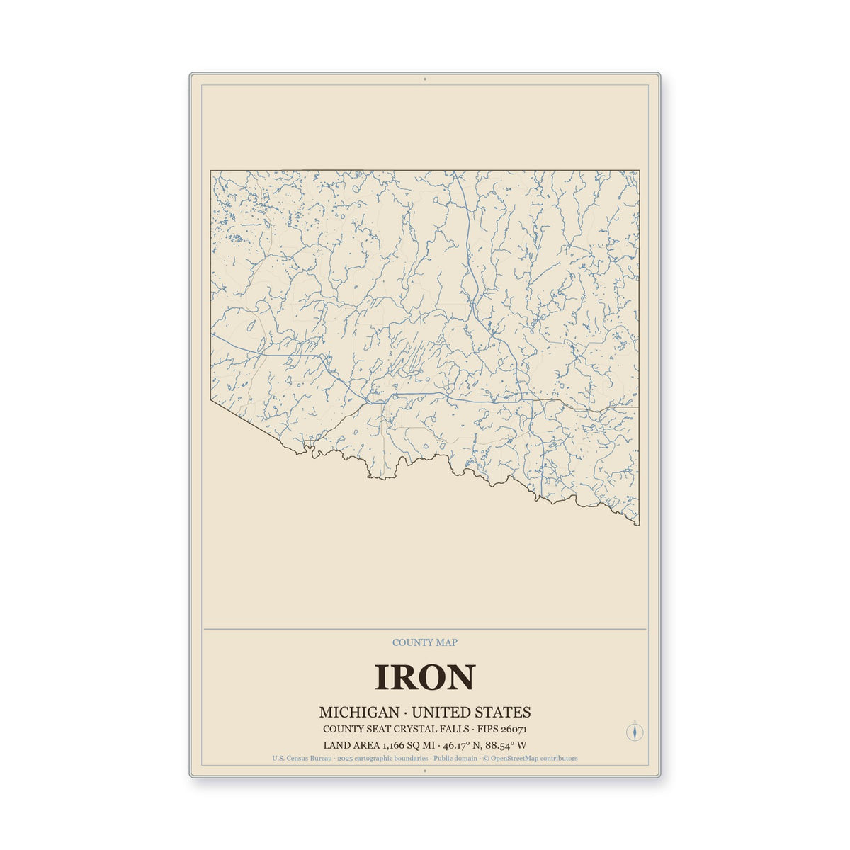 Iron County, Michigan Map Aluminum Sign in Heritage Nautical style