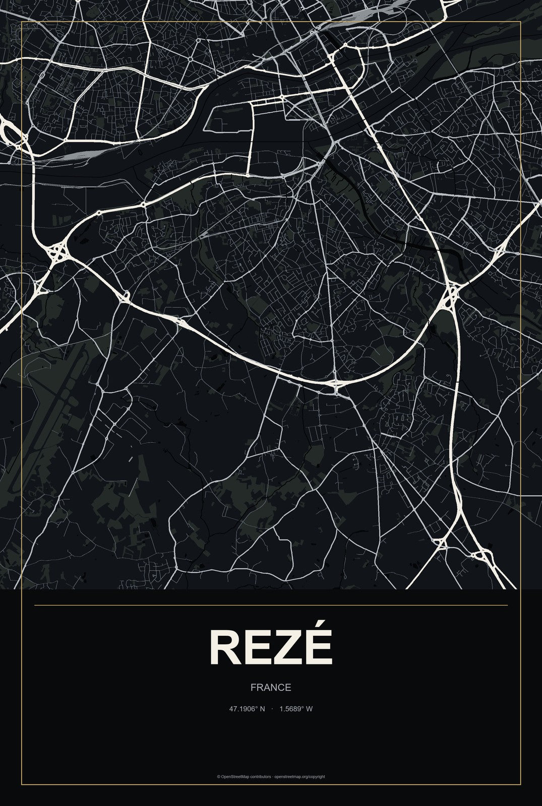 Rezé, France City Map Aluminum Sign in Metropolitan Noir style