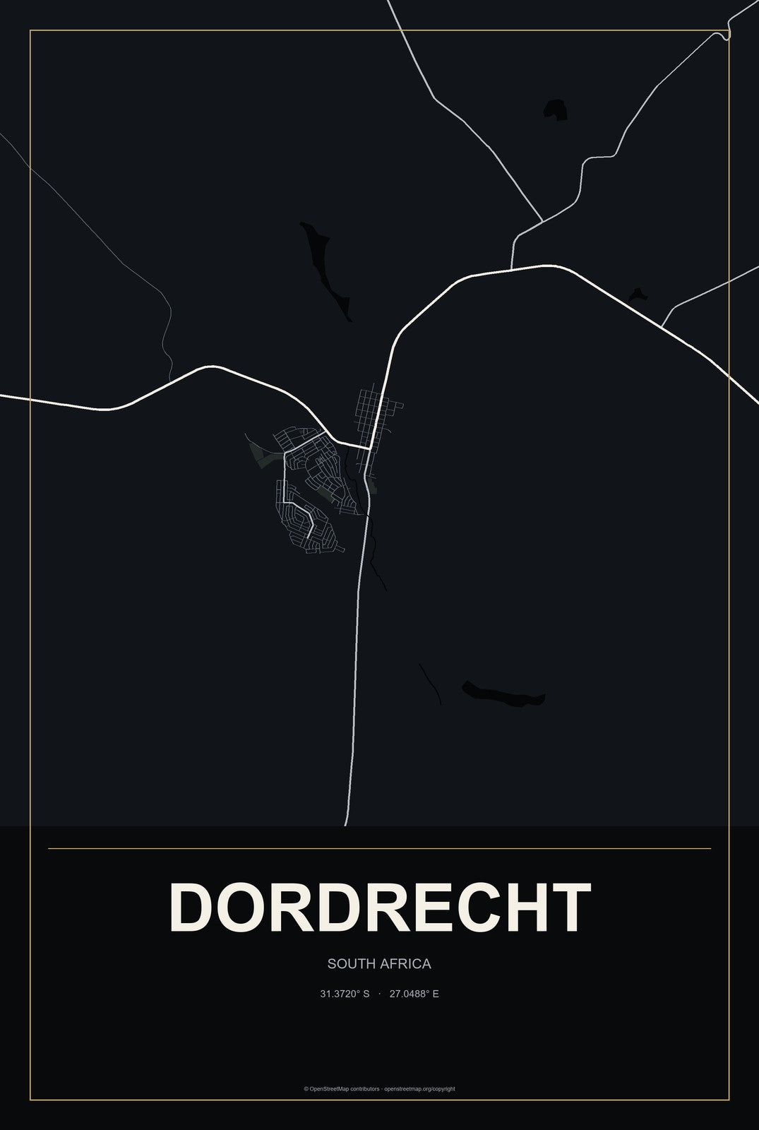 Dordrecht, South Africa City Map Aluminum Sign in Metropolitan Noir style