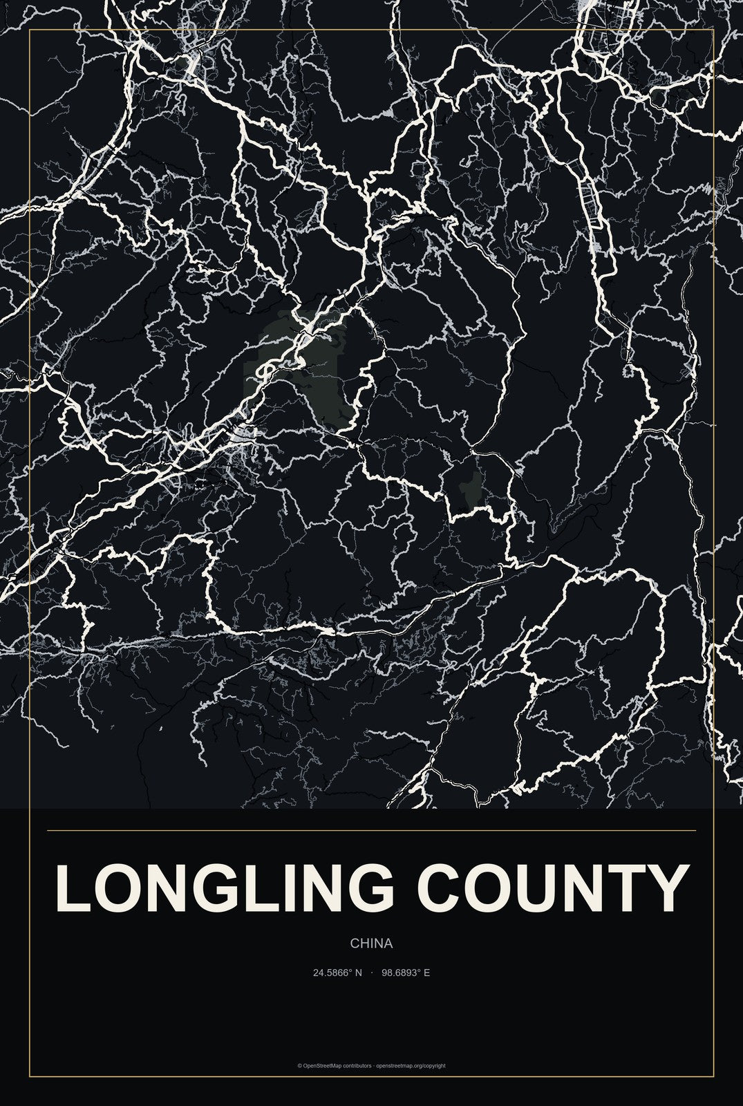 Longling County, China City Map Aluminum Sign in Metropolitan Noir style