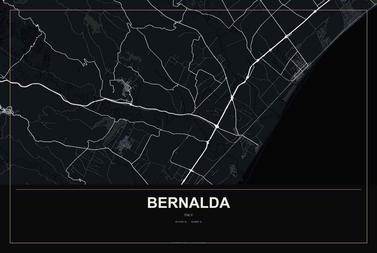 Bernalda, Italy City Map Aluminum Sign in Metropolitan Noir style