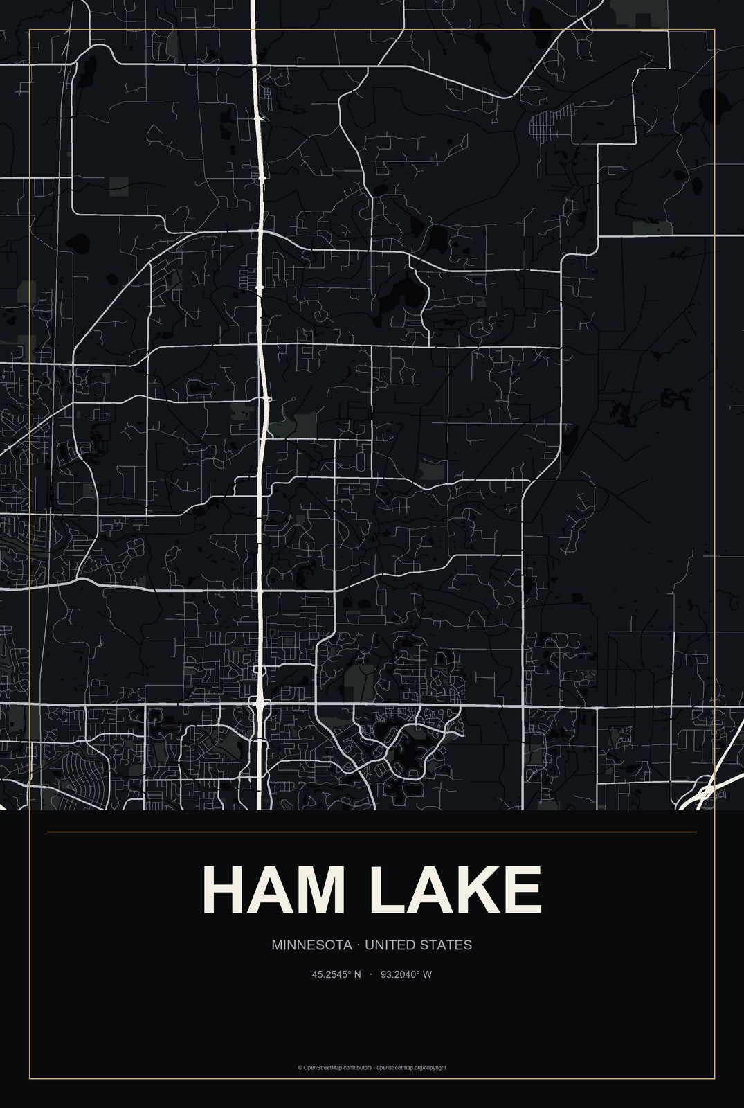 Ham Lake, Minnesota City Map Aluminum Sign in Metropolitan Noir style