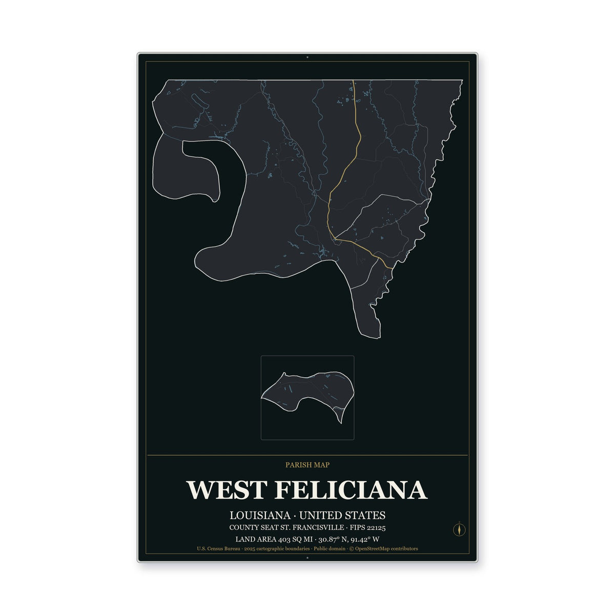 West Feliciana Parish, Louisiana Map Aluminum Sign in Metropolitan Noir style