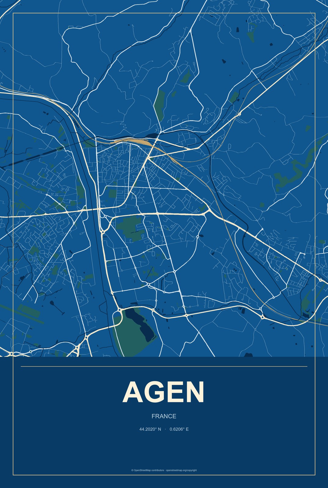 Agen, France City Map Aluminum Sign in Harbor Cobalt style