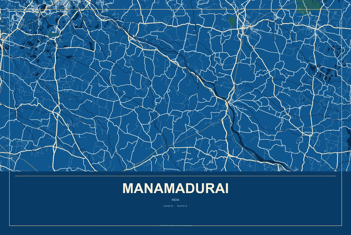 Manamadurai, India City Map Aluminum Sign in Harbor Cobalt style
