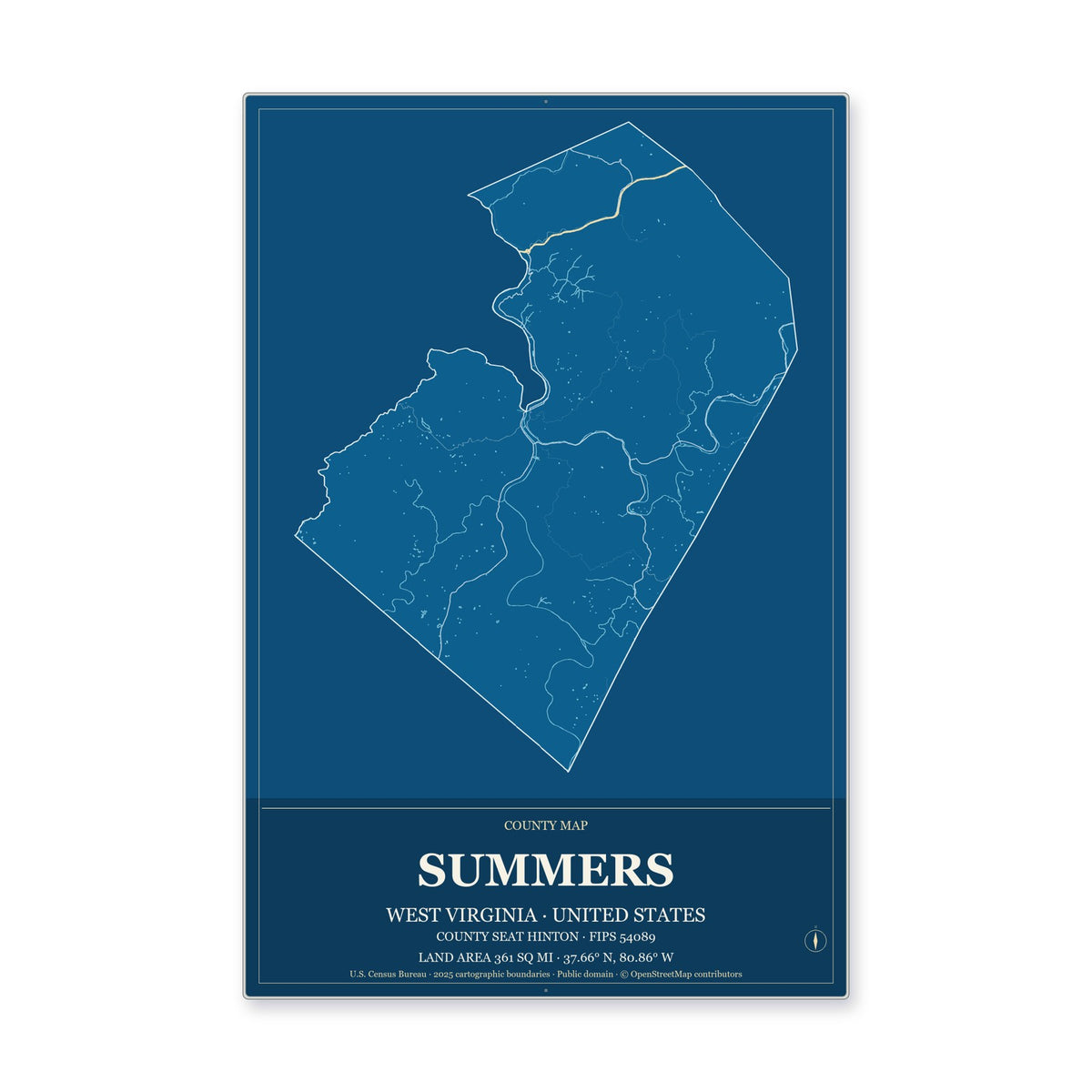 Summers County, West Virginia Map Aluminum Sign in Harbor Cobalt style