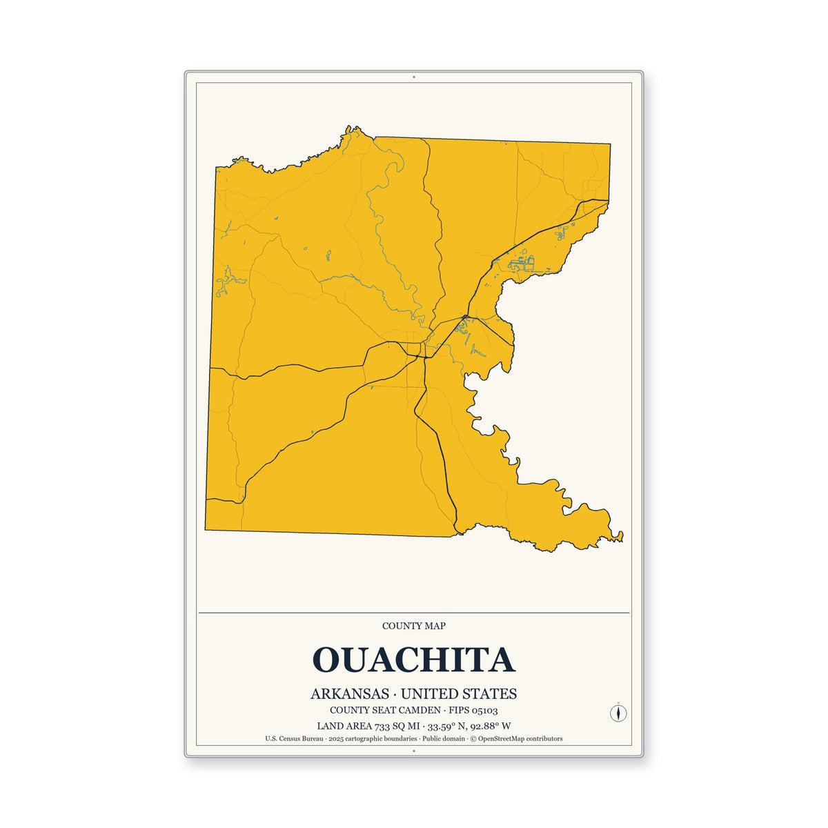 Ouachita County, Arkansas Map Aluminum Sign in Citrine Modern style