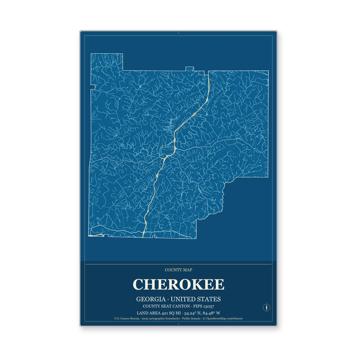 Cherokee County, Georgia Map Aluminum Sign in Harbor Cobalt style