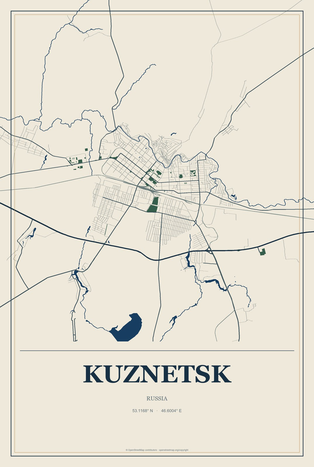Kuznetsk, Russia City Map Aluminum Sign in Coastal Cutout style
