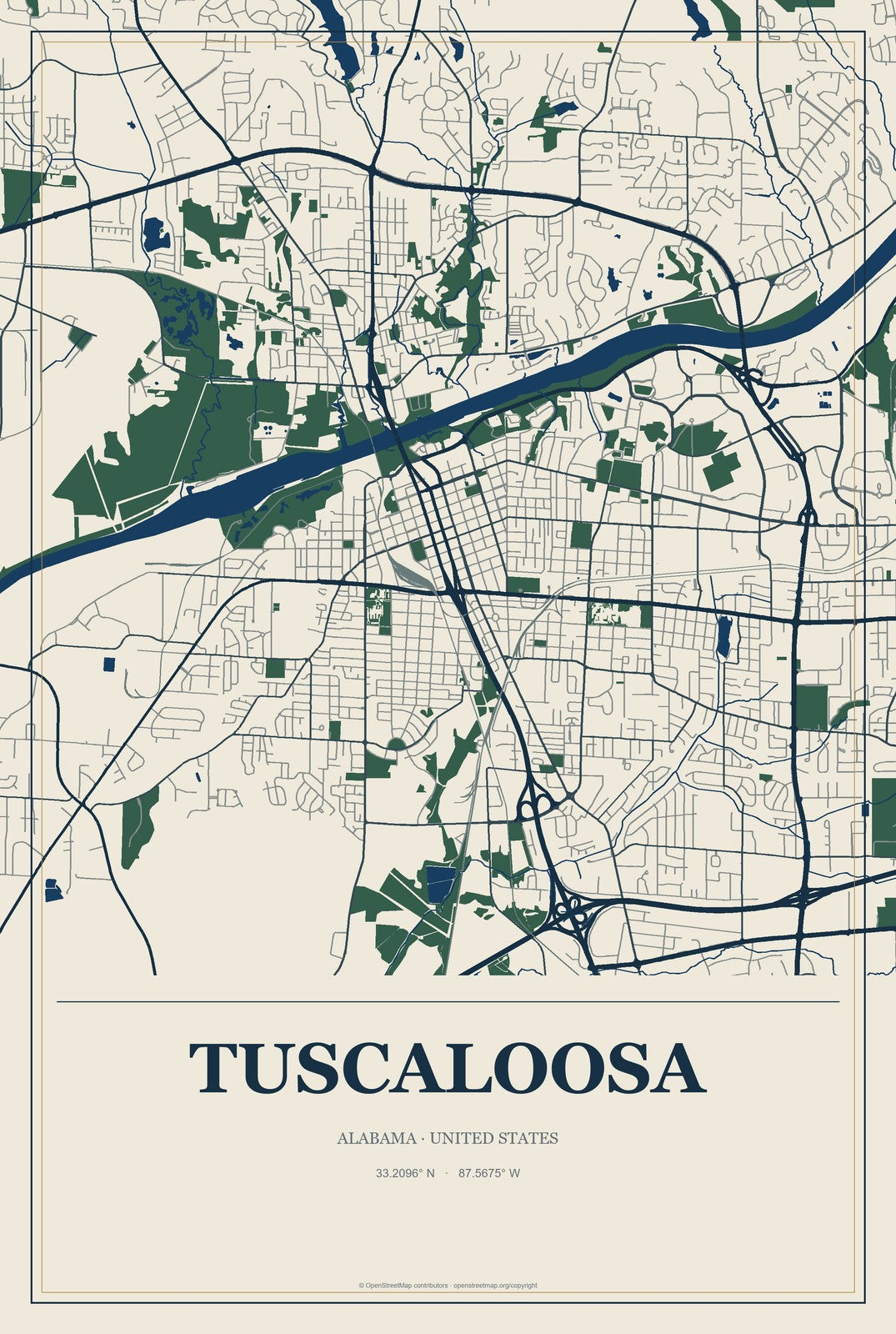 Tuscaloosa, Alabama City Map Aluminum Sign in Coastal Cutout style
