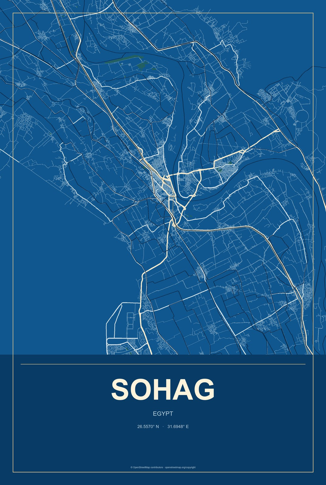 Sohag, Egypt City Map Aluminum Sign in Harbor Cobalt style