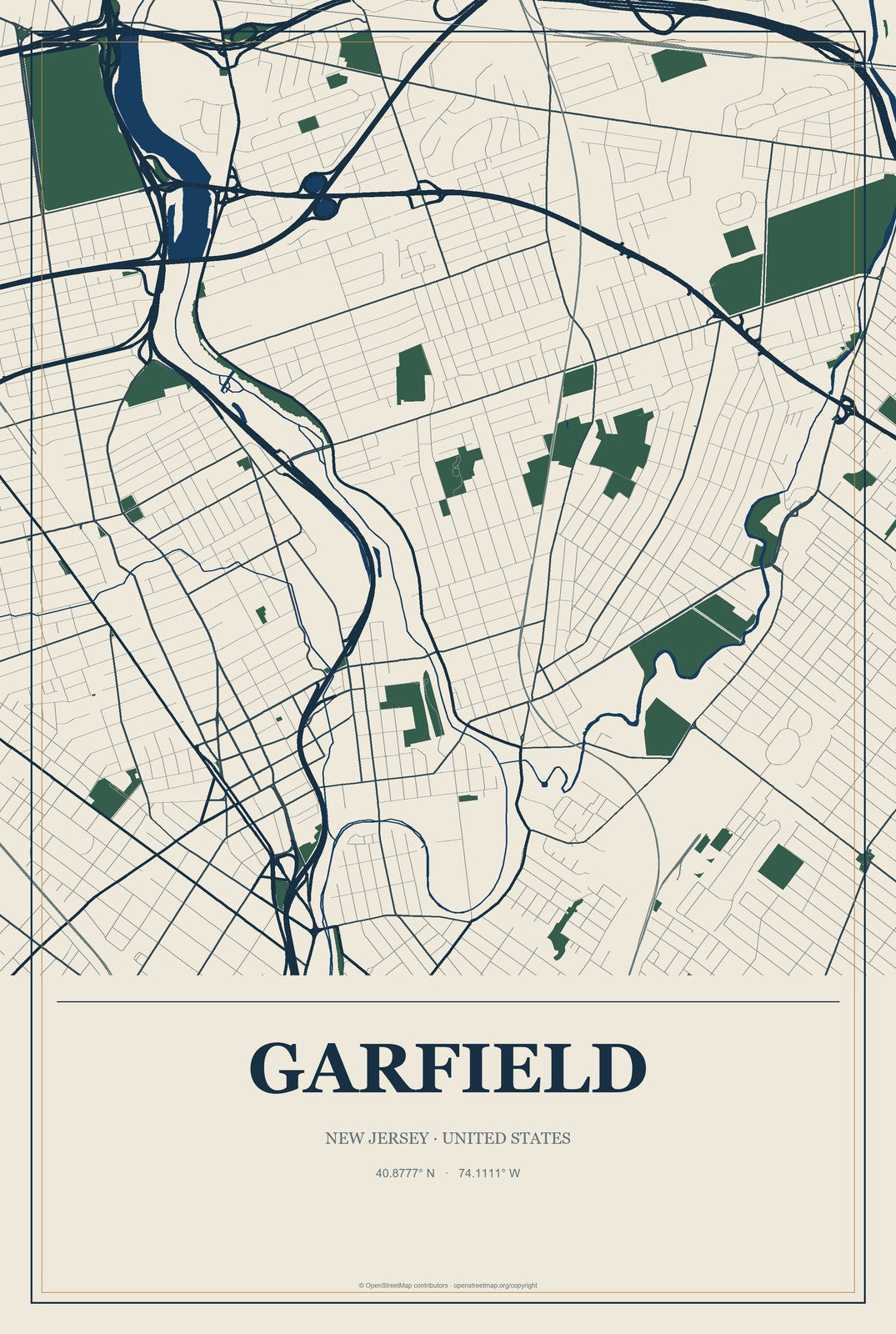 Garfield, New Jersey City Map Aluminum Sign in Coastal Cutout style