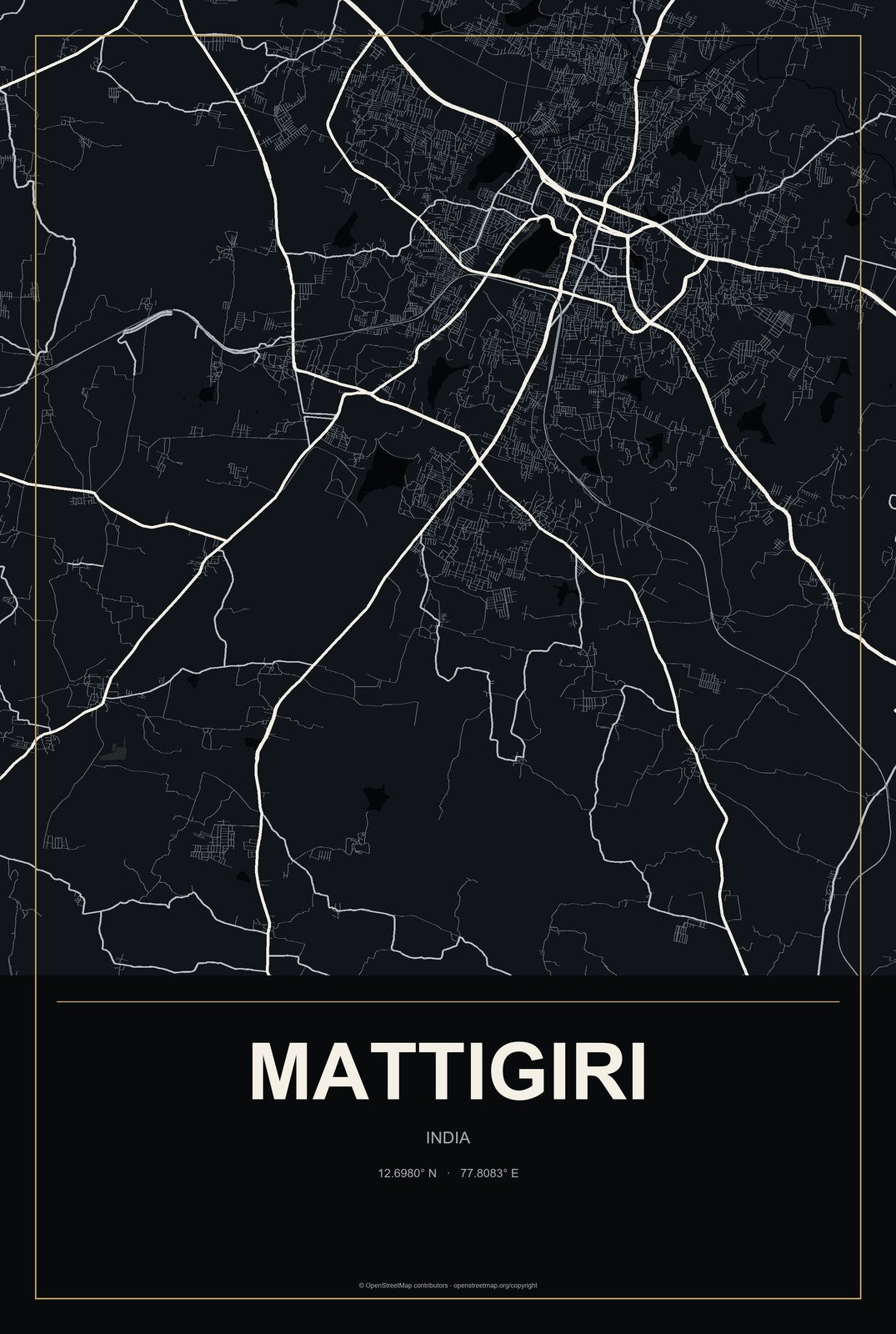 Mattigiri, India City Map Aluminum Sign in Metropolitan Noir style
