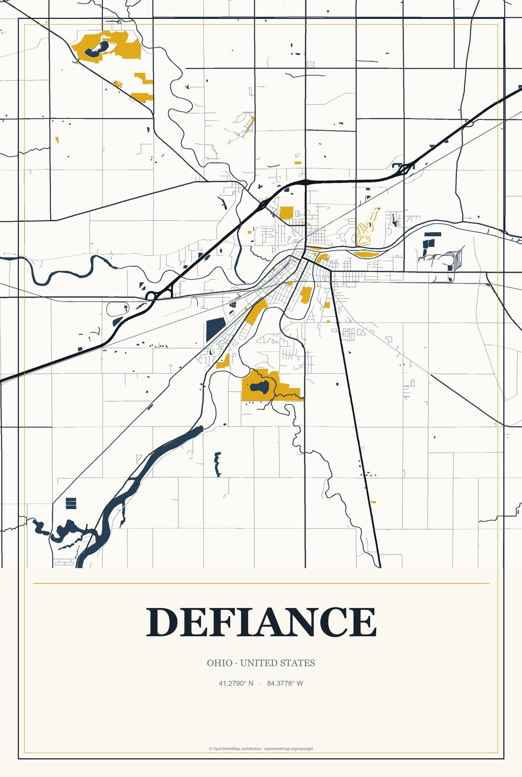 Defiance, Ohio City Map Aluminum Sign in Citrine Modern style